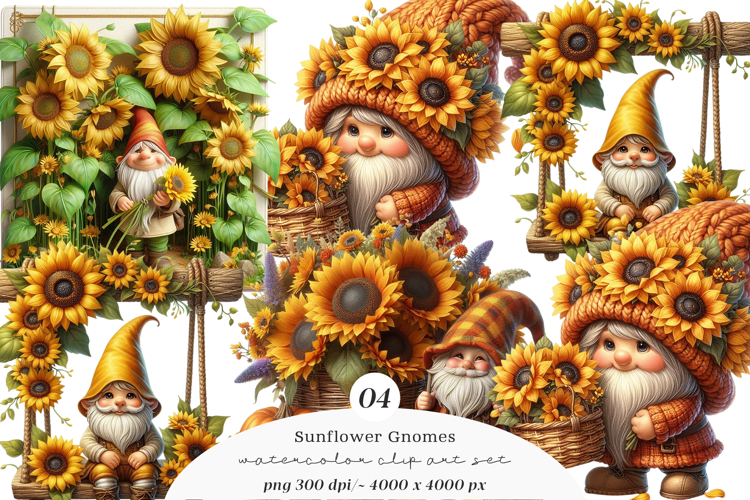 Watercolor Sunflower Gnomes Collection Clipart