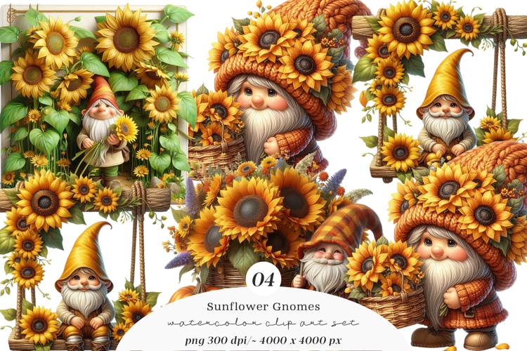 Watercolor Sunflower Gnomes Collection Clipart