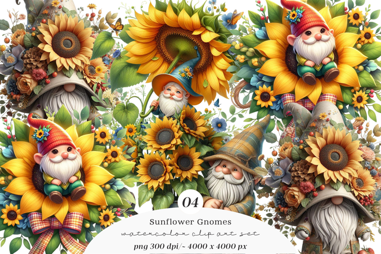 Watercolor Sunflower Gnomes Collection Clipart