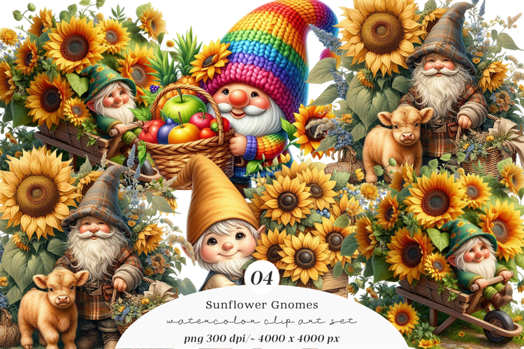 Watercolor Sunflower Gnomes Collection Clipart