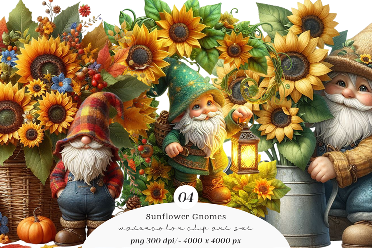 Watercolor Sunflower Gnomes Collection Clipart
