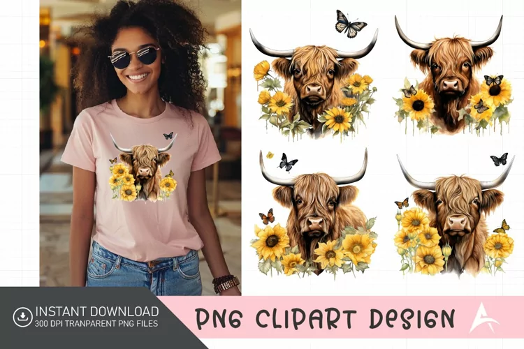 Watercolor Sunflower Highland Cows Collection Clipart