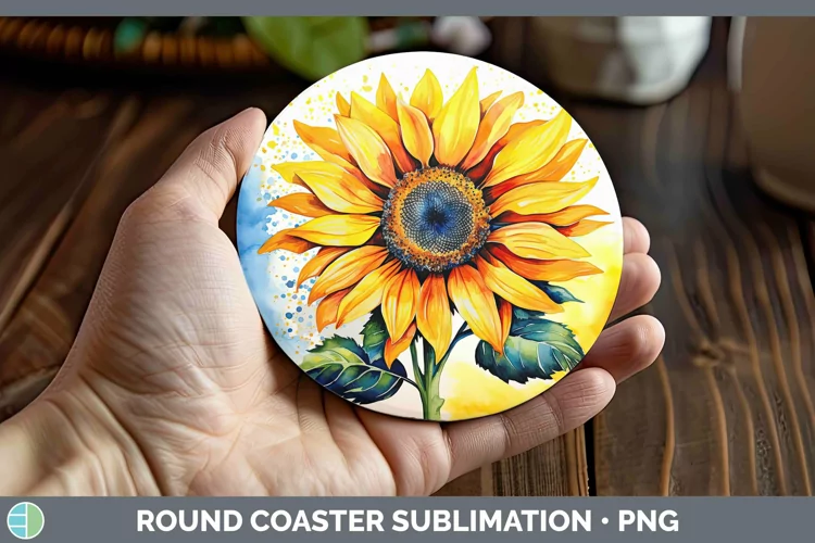Watercolor Sunflower Round Coaster | Sublimation Coaster Des