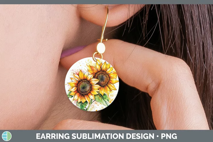 Watercolor Sunflower Round Earrings Sublimation Earrings Des