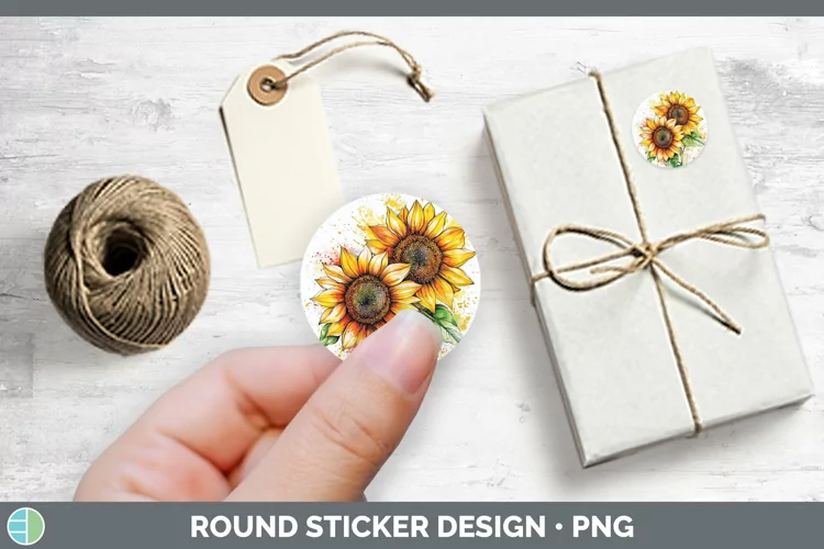 Watercolor Sunflower Stickers | Round Labels Designs