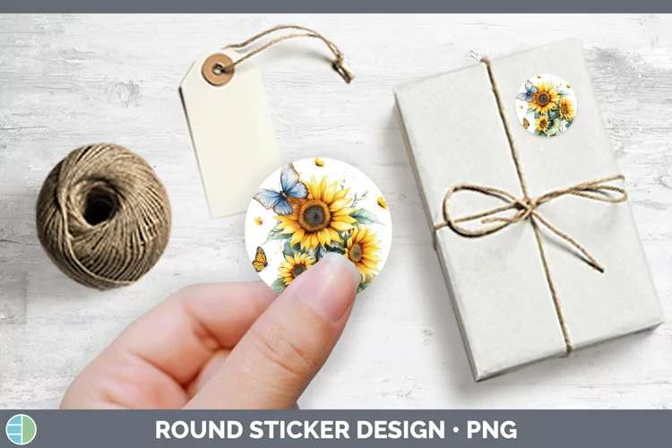 Watercolor Sunflower Stickers | Round Labels Designs