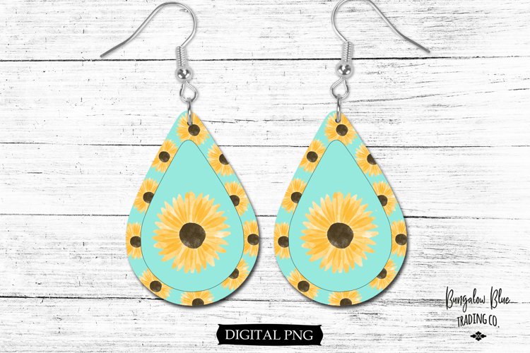 Watercolor Sunflower Teardrop Earring Digital Design PNG