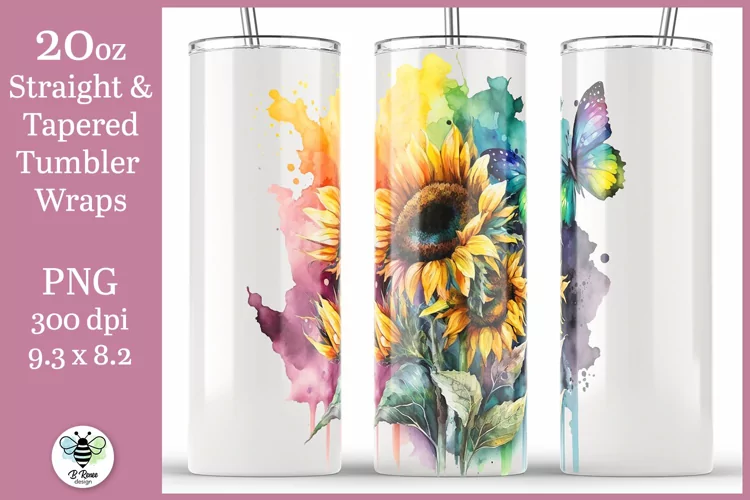 Watercolor Sunflower PNG | 20oz Skinny Tumbler Design