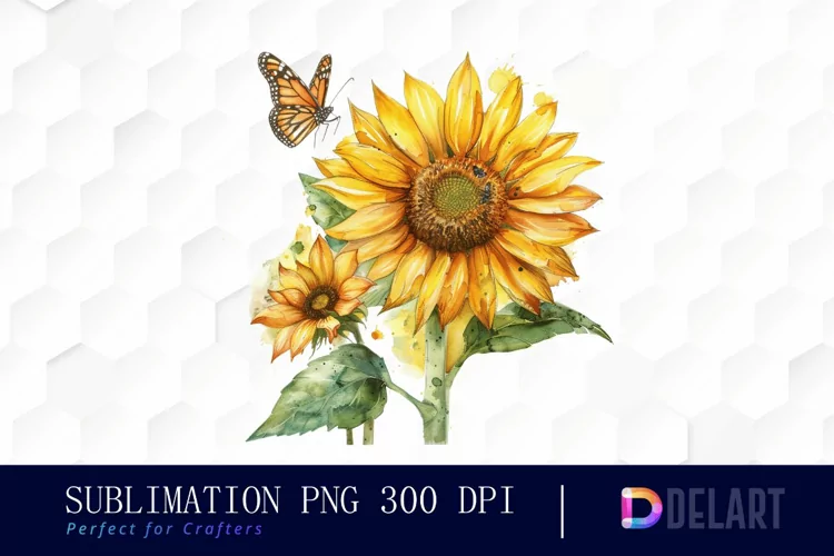 Sunflower With Butterfly Watercolor Clipart
