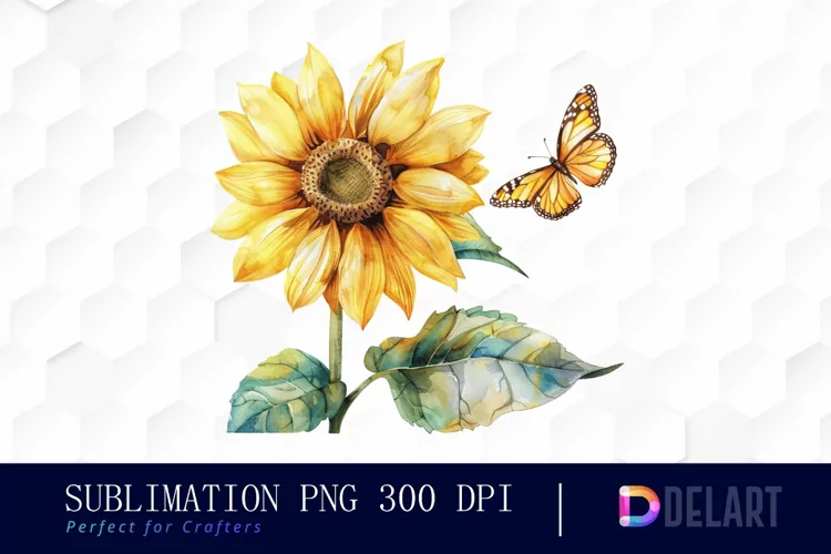 Sunflower With Butterfly Watercolor Clipart