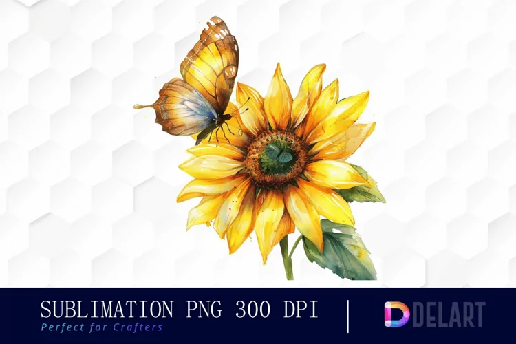 Sunflower With Butterfly Sublimation PNG Clipart