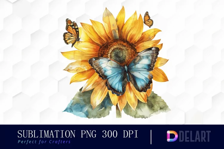 Sunflower With Butterfly Watercolor Clipart