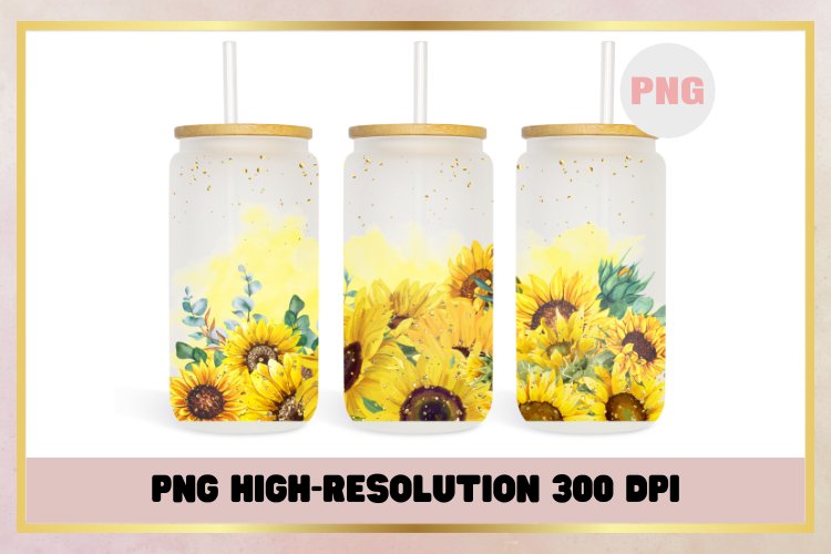 Watercolor Sunflowers 16oz can glass Libbey wrap