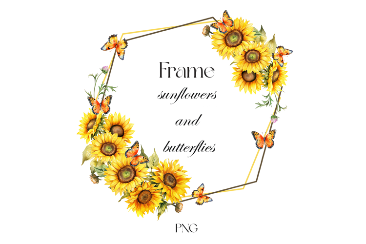 Watercolor sunflowers and butterflies frame