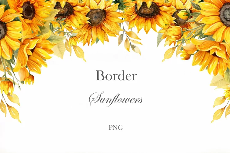 Watercolor sunflowers border. Gold frame