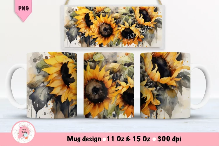 Watercolor Sunflowers Duck Mug Wrap For 11 oz and 15 oz