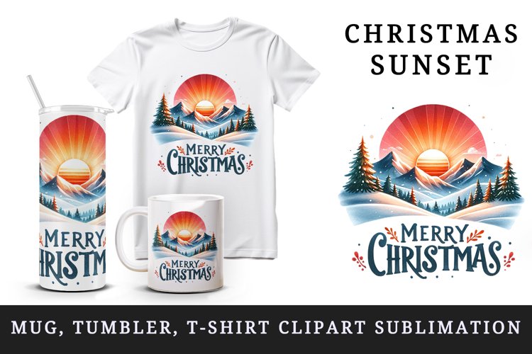 Watercolor sunset snow-covered mountains Merry Christmas greeting quote print tumbler skinny mug wrap clipart t-shirt sublimation printable design