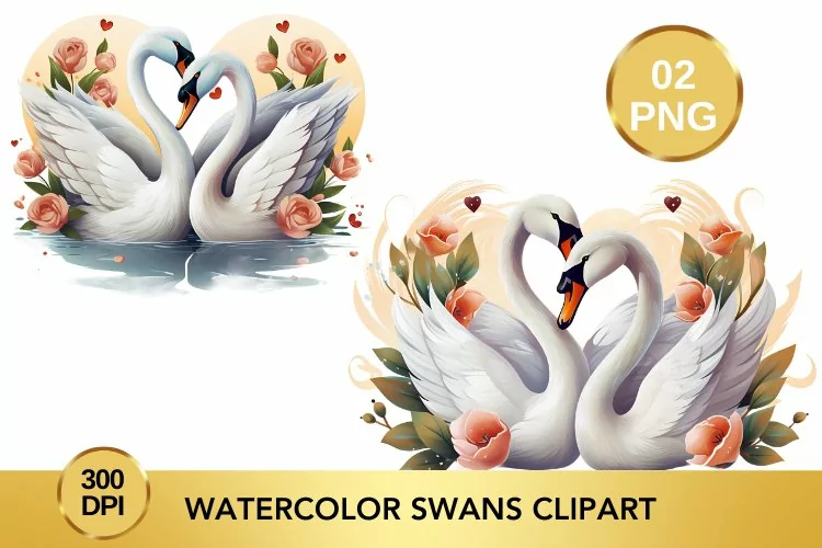 Watercolor Swans Clipart, Valentine's Day Swans Clipart