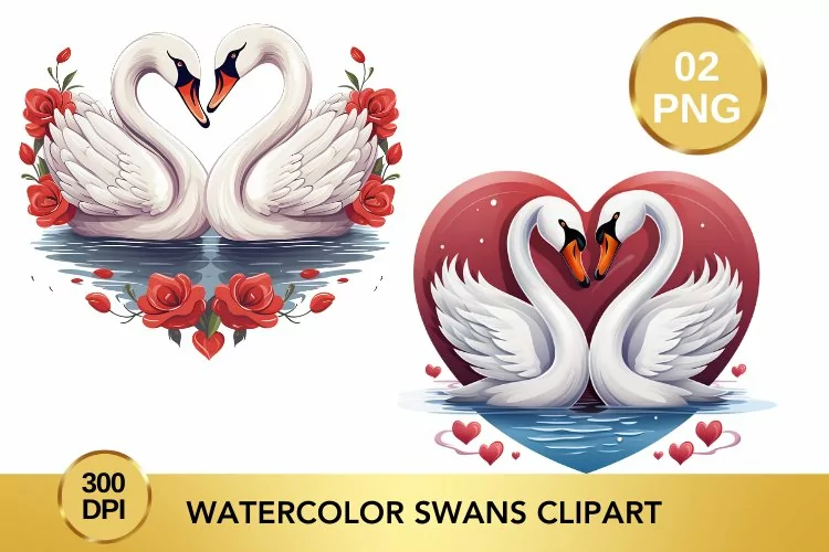 Watercolor Swans Clipart, Valentine's Day Swans Clipart