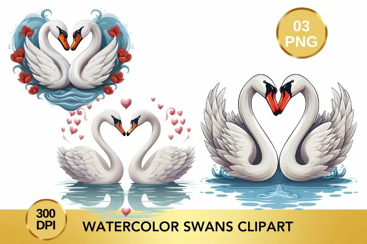 Watercolor Swans Clipart, Valentine's Day Swans Clipart
