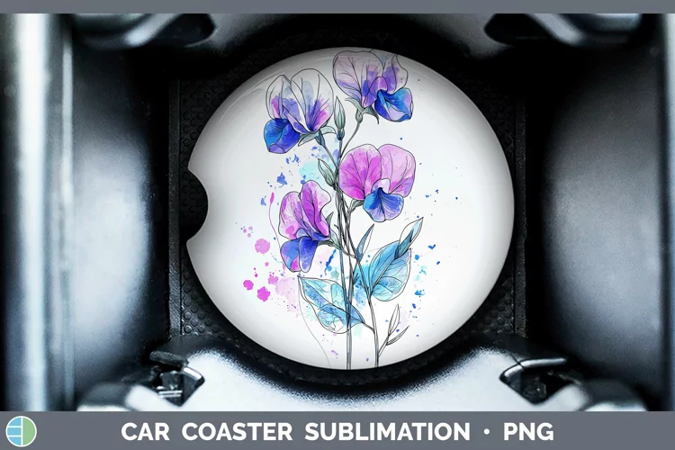 Watercolor Sweet Pea Car Coaster Sublimation Designs