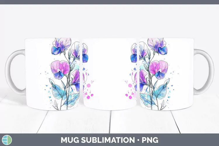 Watercolor Sweet Pea Mug Wrap Sublimation Coffee Cup Designs