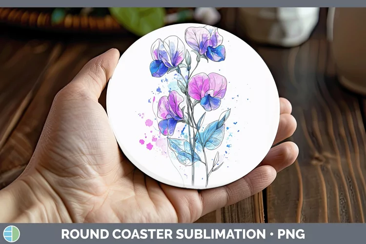 Watercolor Sweet Pea Round Coaster Sublimation Coaster Desig