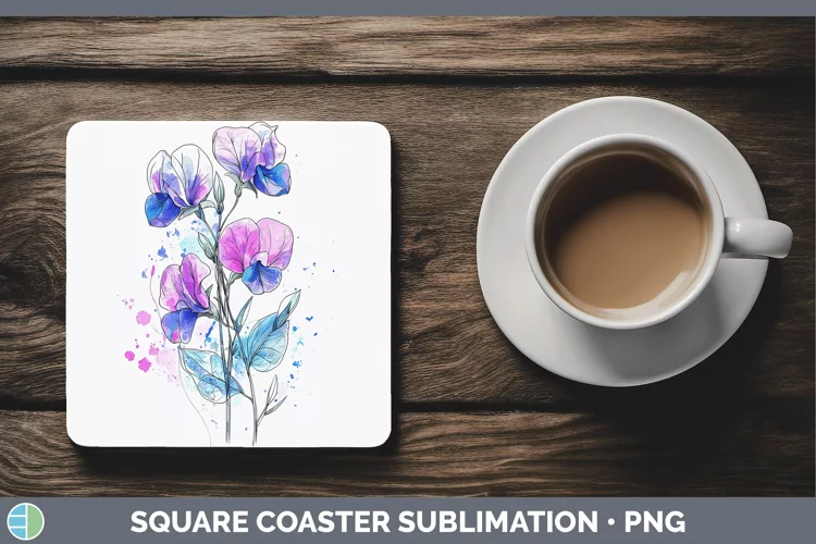 Watercolor Sweet Pea Square Coaster Sublimation Coaster Desi