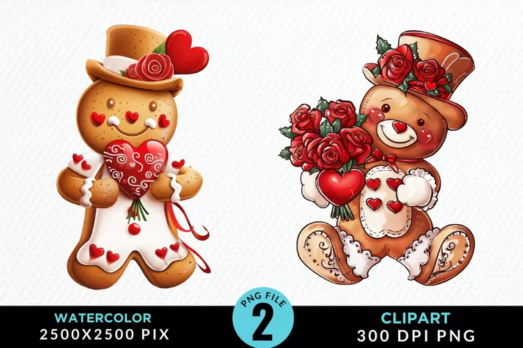 Watercolor Sweet Valentines Gingerbread Clipart