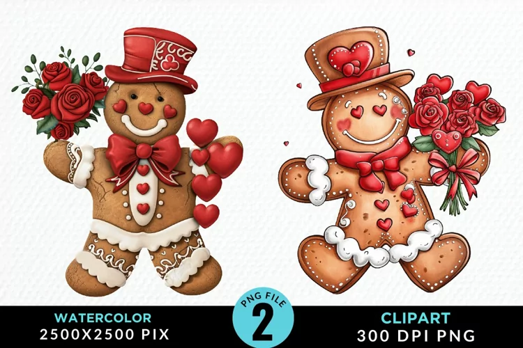 Watercolor Sweet Valentines Gingerbread Clipart