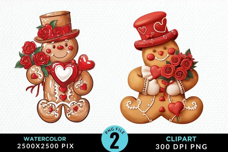 Watercolor Sweet Valentines Gingerbread Clipart