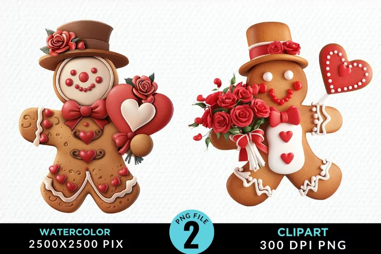 Watercolor Sweet Valentines Gingerbread Clipart