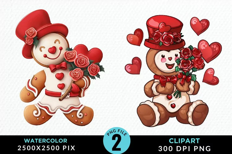 Watercolor Sweet Valentines Gingerbread Art Clipart
