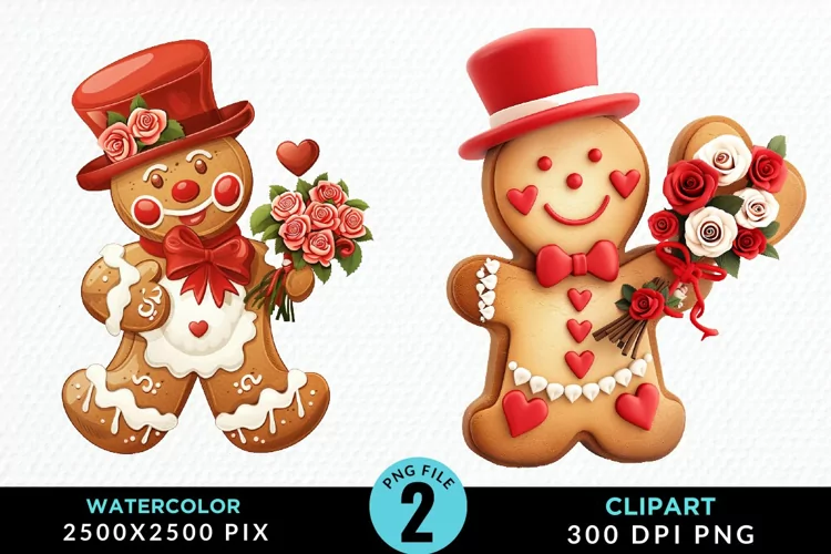 Watercolor Sweet Valentines Gingerbread Clipart