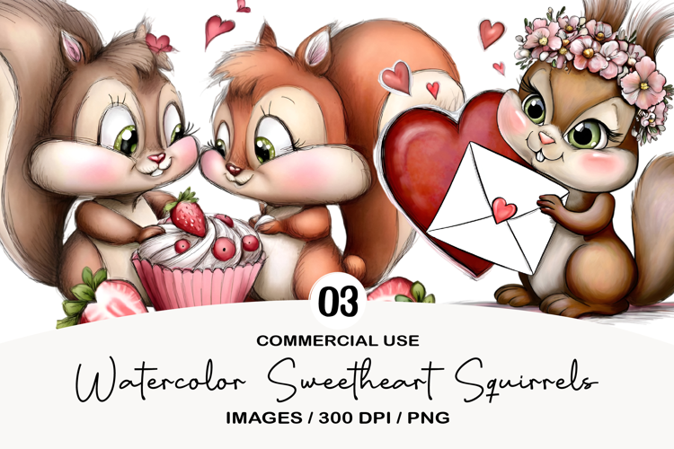 Watercolor Sweetheart Squirrels Clipart