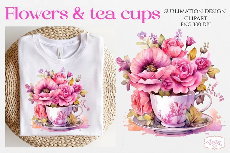 Watercolor tea cup and flowers sublimation PNG design