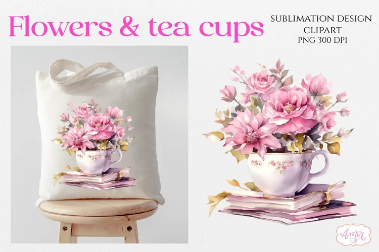 Watercolor tea cup and flowers sublimation PNG design