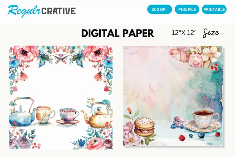 Watercolor Tea Party Digital Paper, Watercolor Background