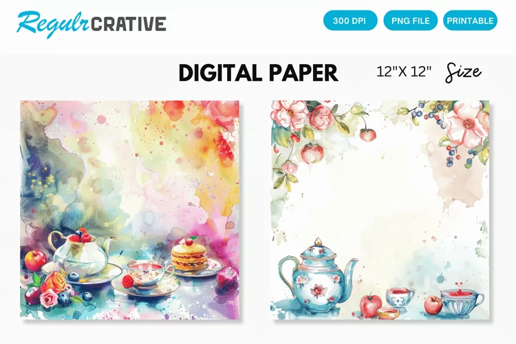 Watercolor Tea Party Digital Paper, Watercolor Background