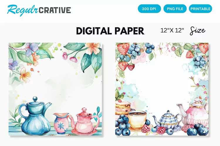 Watercolor Tea Party Digital Paper, Watercolor Background