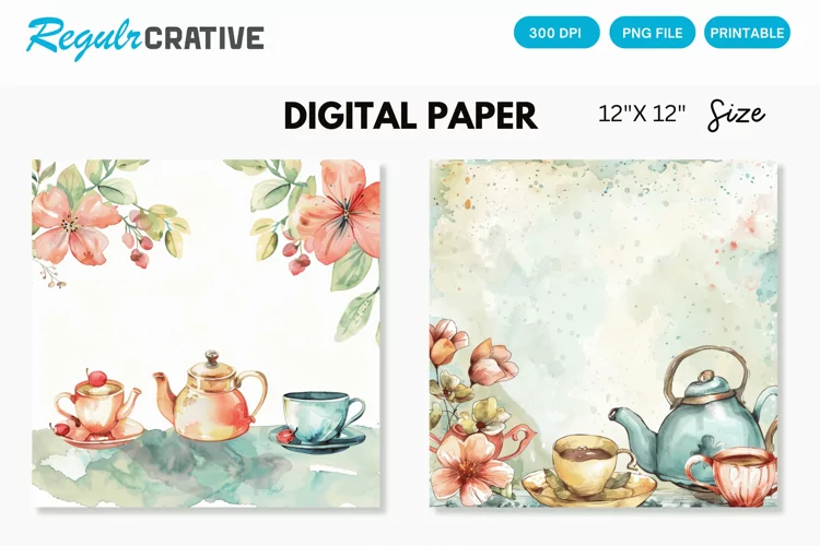 Watercolor Tea Party Digital Paper, Watercolor Background