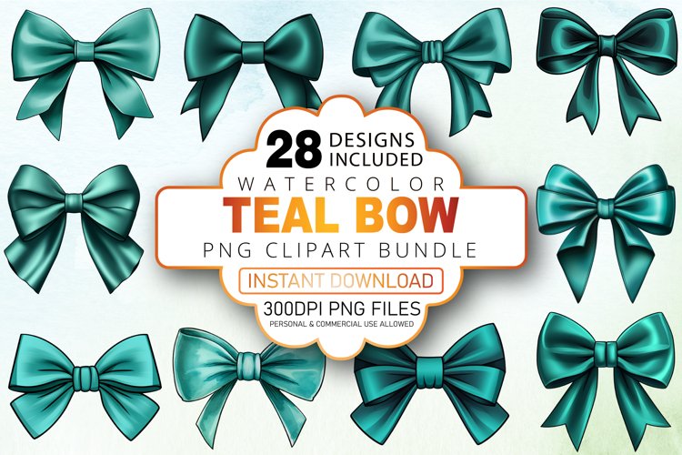 Watercolor Teal Bow Clipart Bundle example image 1