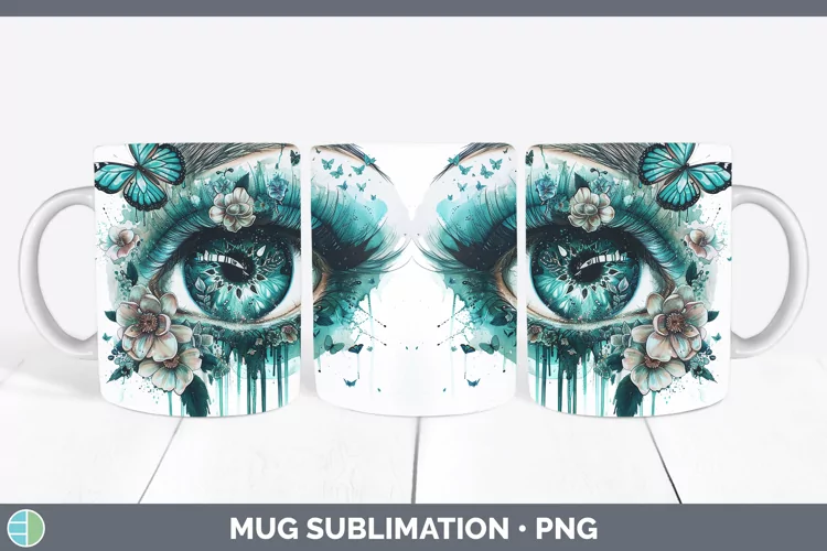 Watercolor Teal Eye Mug Wrap Sublimation Coffee Cup Designs