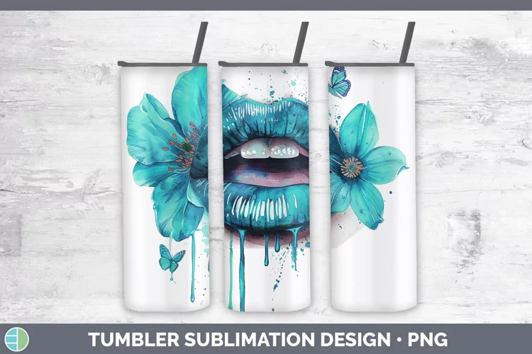 Watercolor Teal Lips Tumbler Sublimation 20 oz Skinny Tumble