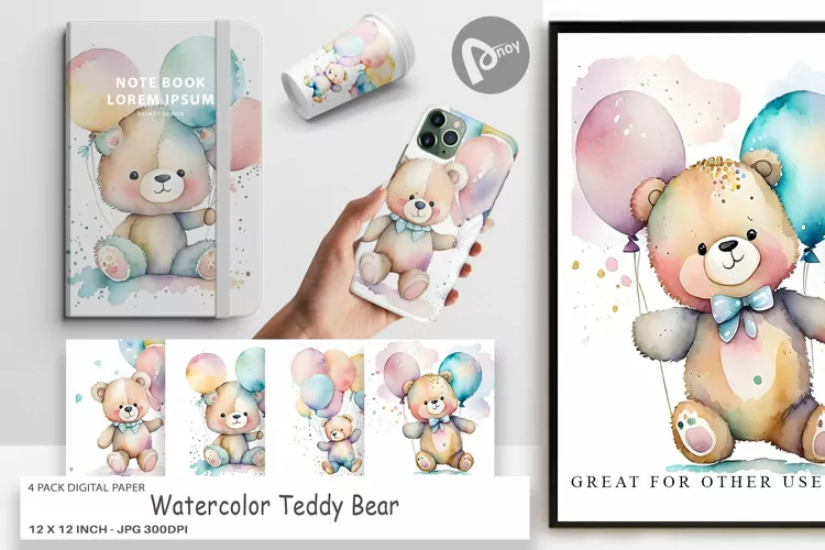 Digital Paper Watercolor Teddy Bear