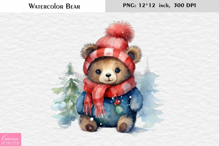 Winter Bear|Cute Watercolor Teddy Bear