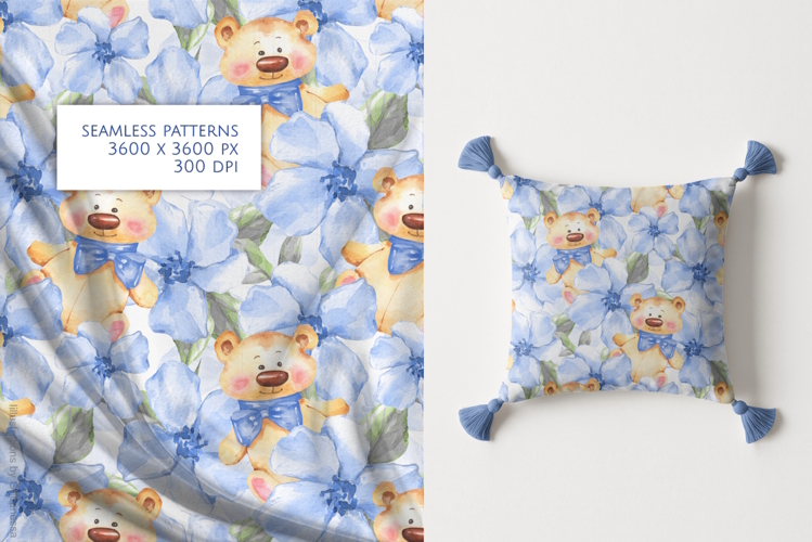 Watercolor Teddy Bear and Blue Flowers Seamless Pattern