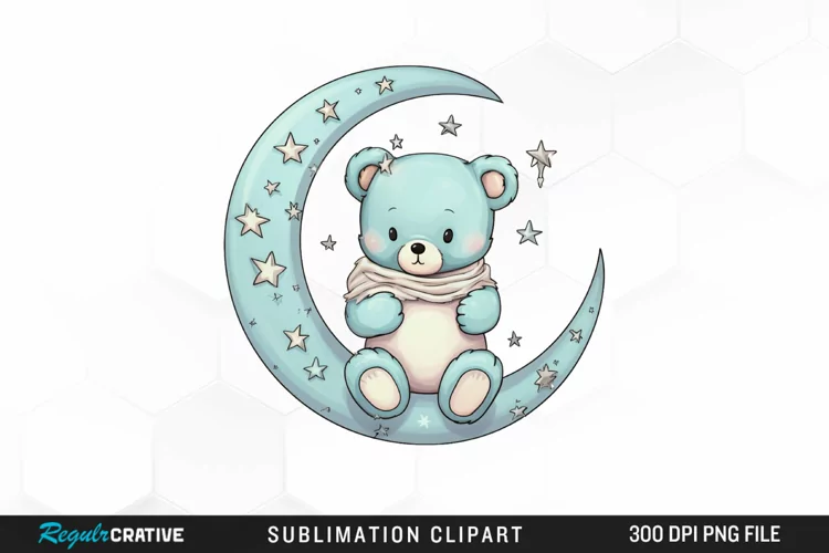Watercolor Teddy bear Crescent Moon Clipart