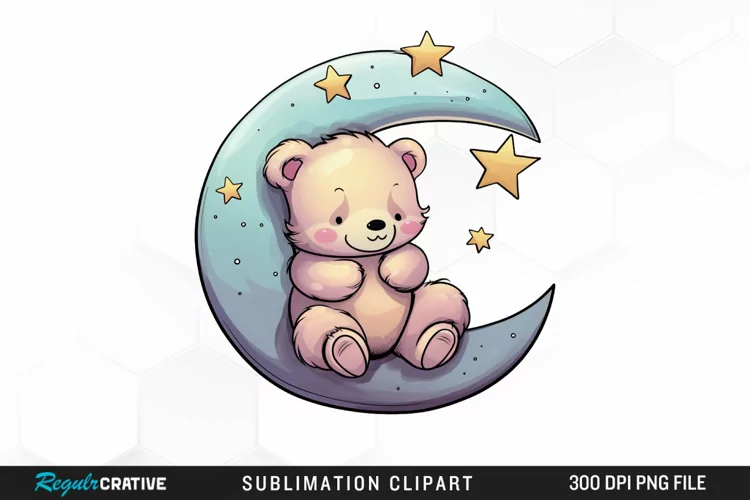 Watercolor Teddy bear Crescent Moon Clipart
