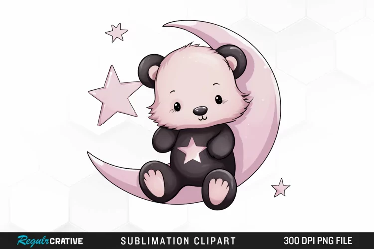 Watercolor Teddy bear Crescent Moon Clipart